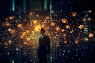 Customer network relationship and business investment growth up management concept on virtual screens, Businessman hold future data graph development planning on the network structure of the business 