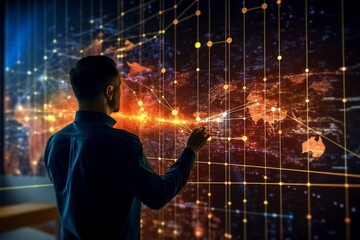 Customer network relationship and business investment growth up management concept on virtual screens, Businessman hold future data graph development planning on the network structure of the business 