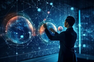Customer network relationship and business investment growth up management concept on virtual screens, Businessman hold future data graph development planning on the network structure of the business 