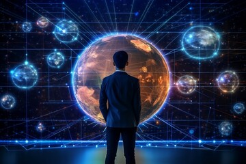 Customer network relationship and business investment growth up management concept on virtual screens, Businessman hold future data graph development planning on the network structure of the business 