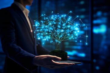 Customer network relationship and business investment growth up management concept on virtual screens, Businessman hold future data graph development planning on the network structure of the business 