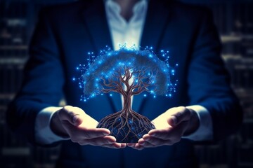 Customer network relationship and business investment growth up management concept on virtual screens, Businessman hold future data graph development planning on the network structure of the business 
