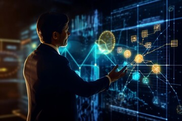 Customer network relationship and business investment growth up management concept on virtual screens, Businessman hold future data graph development planning on the network structure of the business 