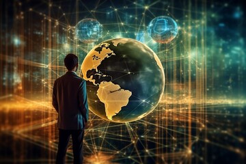 Customer network relationship and business investment growth up management concept on virtual screens, Businessman hold future data graph development planning on the network structure of the business 