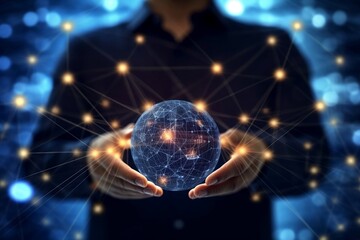 Customer network relationship and business investment growth up management concept on virtual screens, Businessman hold future data graph development planning on the network structure of the business 