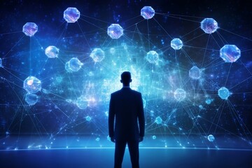 Customer network relationship and business investment growth up management concept on virtual screens, Businessman hold future data graph development planning on the network structure of the business 