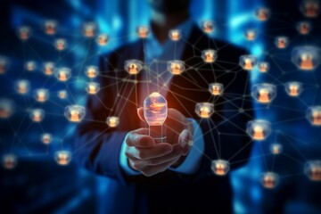 Customer network relationship and business investment growth up management concept on virtual screens, Businessman hold future data graph development planning on the network structure of the business 