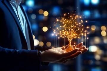 Customer network relationship and business investment growth up management concept on virtual screens, Businessman hold future data graph development planning on the network structure of the business 
