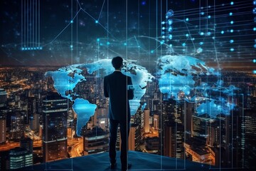 Customer network relationship and business investment growth up management concept on virtual screens, Businessman hold future data graph development planning on the network structure of the business 