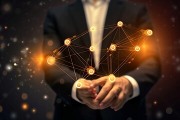 Customer network relationship and business investment growth up management concept on virtual screens, Businessman hold future data graph development planning on the network structure of the business 