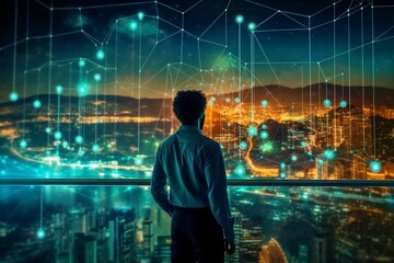 Customer network relationship and business investment growth up management concept on virtual screens, Businessman hold future data graph development planning on the network structure of the business 