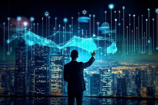 Customer network relationship and business investment growth up management concept on virtual screens, Businessman hold future data graph development planning on the network structure of the business 