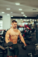 Fototapeta na wymiar A strong fit shirtless weightlifter is doing hard workouts with a dumbbells with effort at the gym.