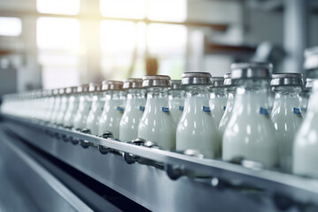 Fototapeta premium A selective focus shot of complete milk bottling line in a factory