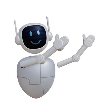 Cartoon robot 3D render pointing to right. Customer support chatbot, online consultant, assistant. 