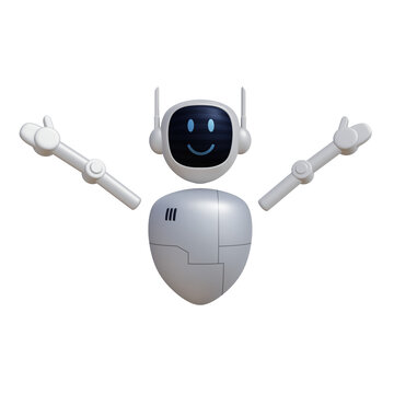 Cartoon robot 3D render with happy gesture. Customer support chatbot, online consultant, assistant. 