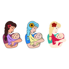 Set of Mother and Child Illustrations. Vector Illustration of Motherhood and Child Care