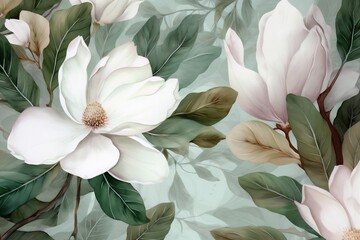 flower leaf decoration wedding magnolia seamless background wallpaper pattern floral watercolor. Generative AI.