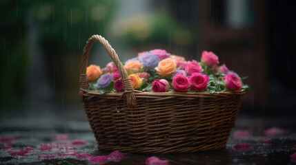 Fototapeta na wymiar A basket full of roses after the rain, bokeh background. Generative AI