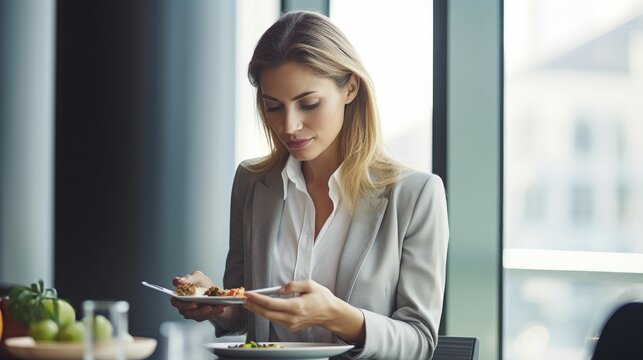 Businesswoman eating lunch and using smartphone in office