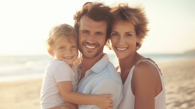 Happy family hugging on sunny beach
