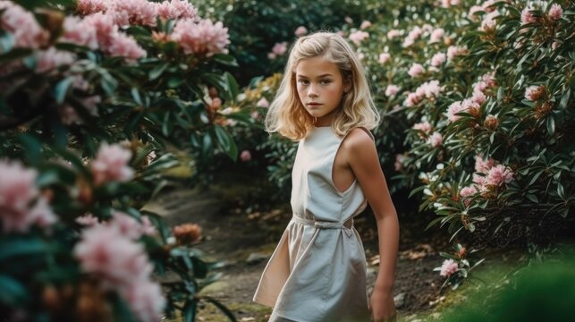 Blonde girl wearing classic dress standing in the middle of a bush