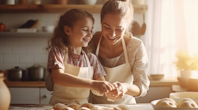 Happy mother and daughter baking in the kitchen