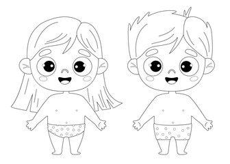 Two cute smiling kids in shorts. Outline drawing coloring book. Vector illustration. Childrens collection. Drawing coloring book. Isolated funny kids on white background