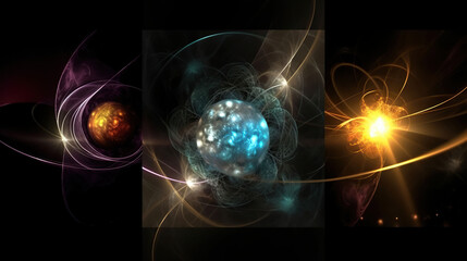 Colorful abstract of atom explosions on dark background, in the style of delicate fantasy worlds, systems art. Generative AI