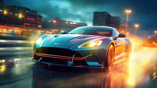 Digital art sports car speeding through a storm, splashing, water, rain, Fire, lightning sports, motorsports, dynamic, illustration, super car, automobile, auto, 