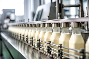 A selective focus shot of complete milk bottling line in a factory