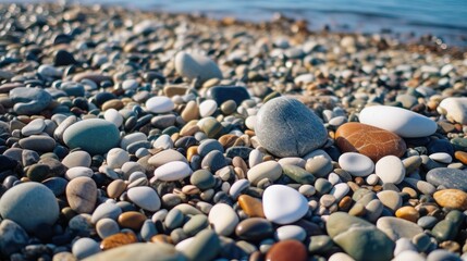 Fototapeta na wymiar Pebble beach with rocks and waves hitting the shore