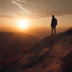 Obraz premium Silhouette of a person on the top of the mountain. Generative AI