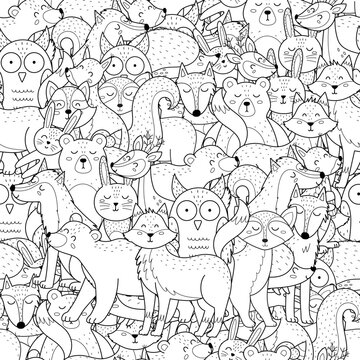 Cute forest animals black and white seamless pattern. Woodland characters background for coloring book. Vector illustration