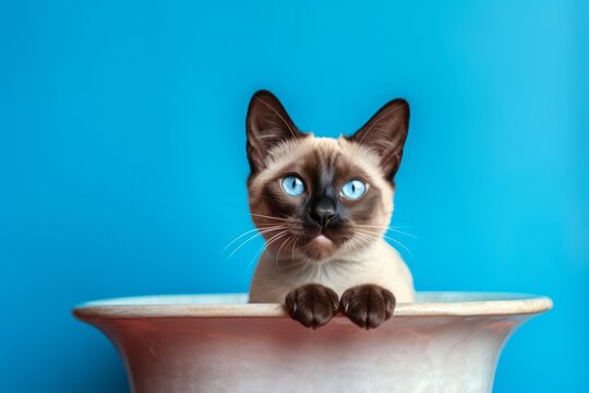 Medium shot portrait photography of a smiling siamese cat drinking against a vibrant colored wall. With generative AI technology