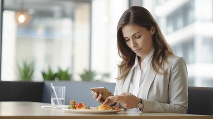 Businesswoman eating lunch and using smartphone in office