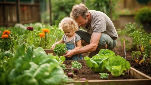 Family gardening in backyard vegetable garden