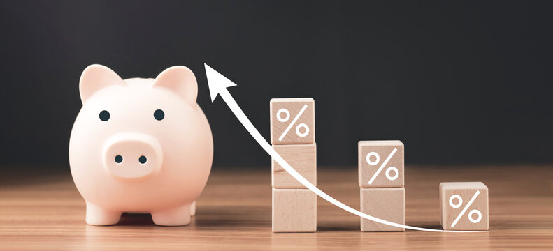 Piggy bank and  percentage and arrow Growth of finances and investments that grow respectively and are the future savings. Saving money wealth and financial.Business,finance,investment,Financial plan.