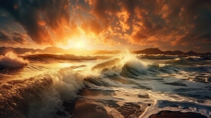 Naklejka premium Monstrous sea storm waves in the sunset warm rays