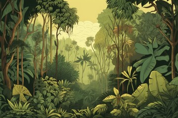 a painting of a jungle scene with trees and plants, generative AI - obrazy, fototapety, plakaty