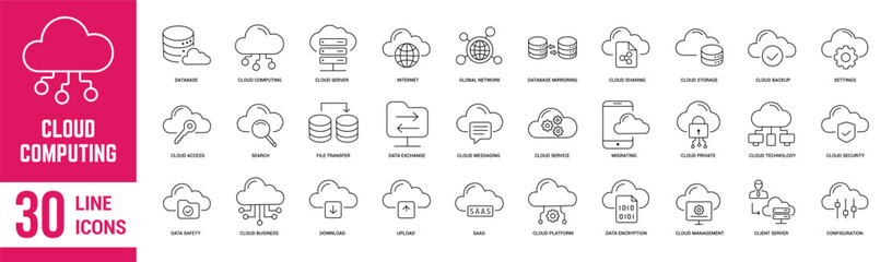 Cloud computing editable stroke outline icons set. Cloud, computing, technology, networking, data, server, database and internet. Vector illustration.