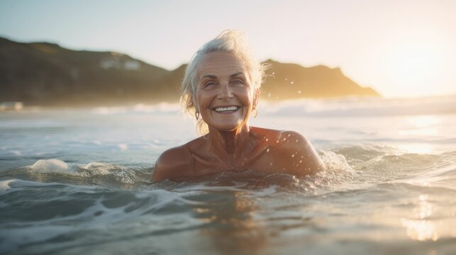 Mature woman swimming in the sea at the beach