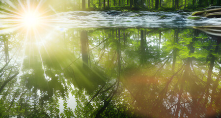 Reflet de la forêt et du soleil dans l'eau,IA générative. - obrazy, fototapety, plakaty