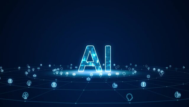 Motion graphic of 3D Blue digital AI letter logo with grid and rotation circle line connection ai technology icon on futuristic abstract background artificial intelligence concepts