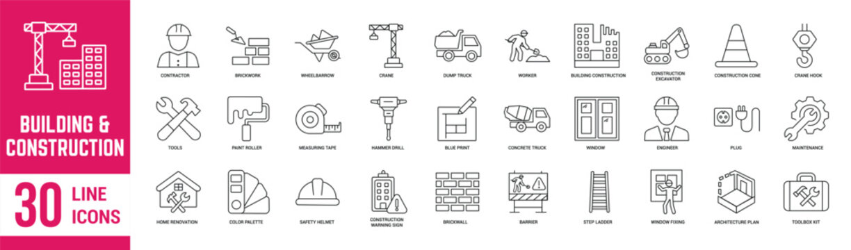 Construction editable stroke outline icons set. Construction, architecture, engineer, building, blueprint, renovation and home repair tools. Vector illustration