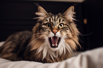 Close-up portrait photography of a happy norwegian forest cat begging for food against an inviting bed. With generative AI technology