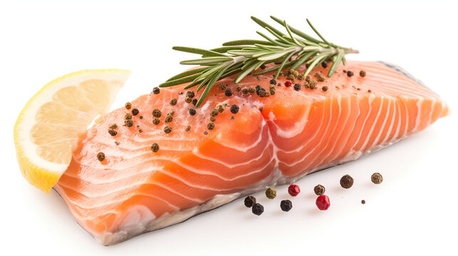 Slice of red fish salmon with lemon, rosemary and peppercorns isolated on white background. Top view, Generative AI
