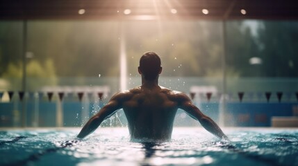 A swimmer stands in the pool, back view. An athlete prepares to swim the fastest this swim. Generative AI.