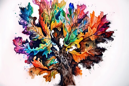 An abstract colorful oak painted with neon watercolors on white background