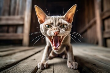 Medium shot portrait photography of an angry peterbald cat growling against a rustic wooden floor. With generative AI technology